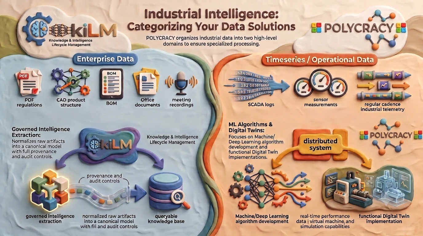 Industrial Intelligence: kiLM governs Enterprise Data (PDF regulations, CAD product structure, BOM, office documents, meeting recordings) into a queryable knowledge base; POLYCRACY handles Timeseries / Operational Data (SCADA logs, sensor measurements, industrial telemetry) for ML algorithms and functional Digital Twins.